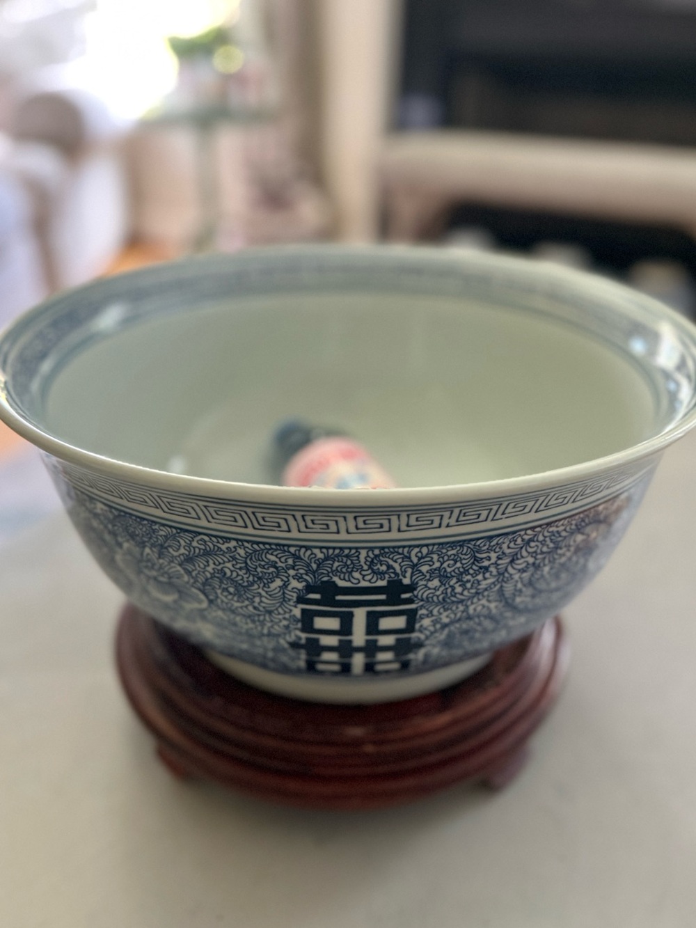 Antique blue and white double happiness bowl